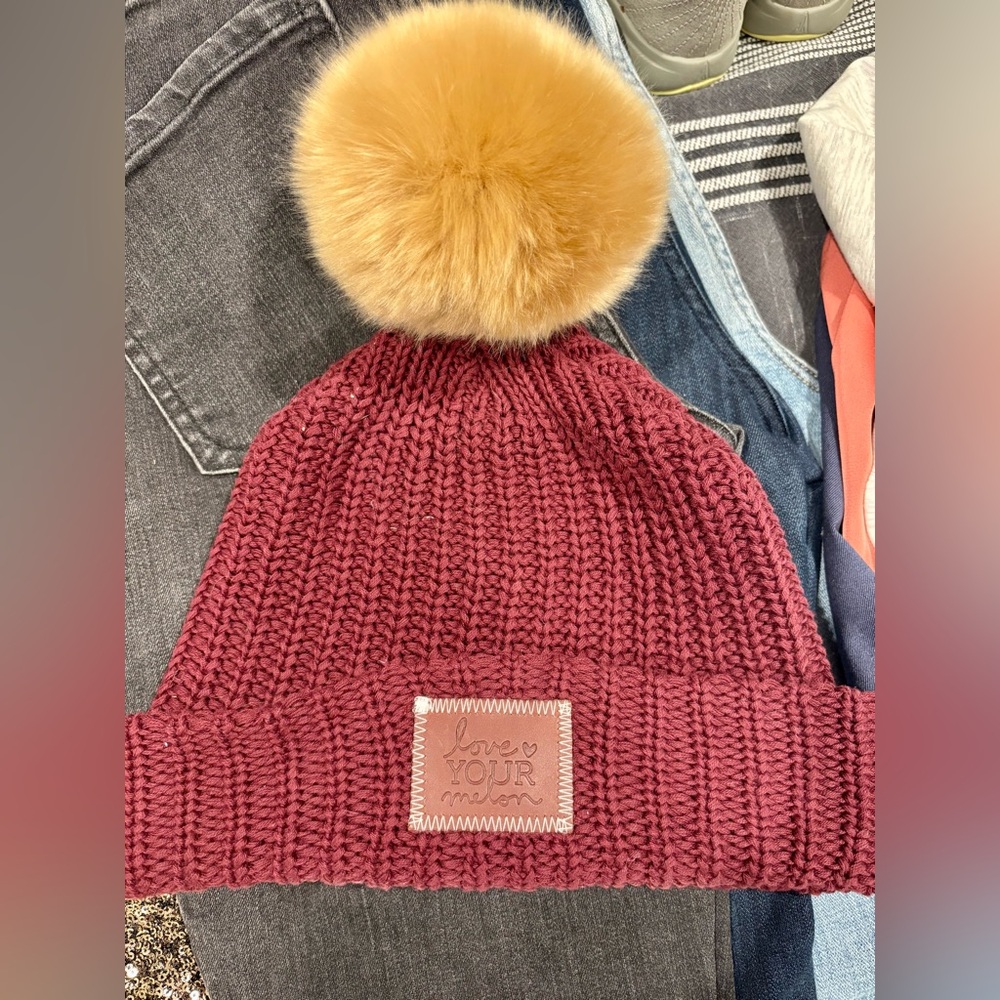 Love Your Melon womens Maroon Beanie with Tan Pom